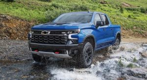 2022 Chevy Silverado trekking through a river.