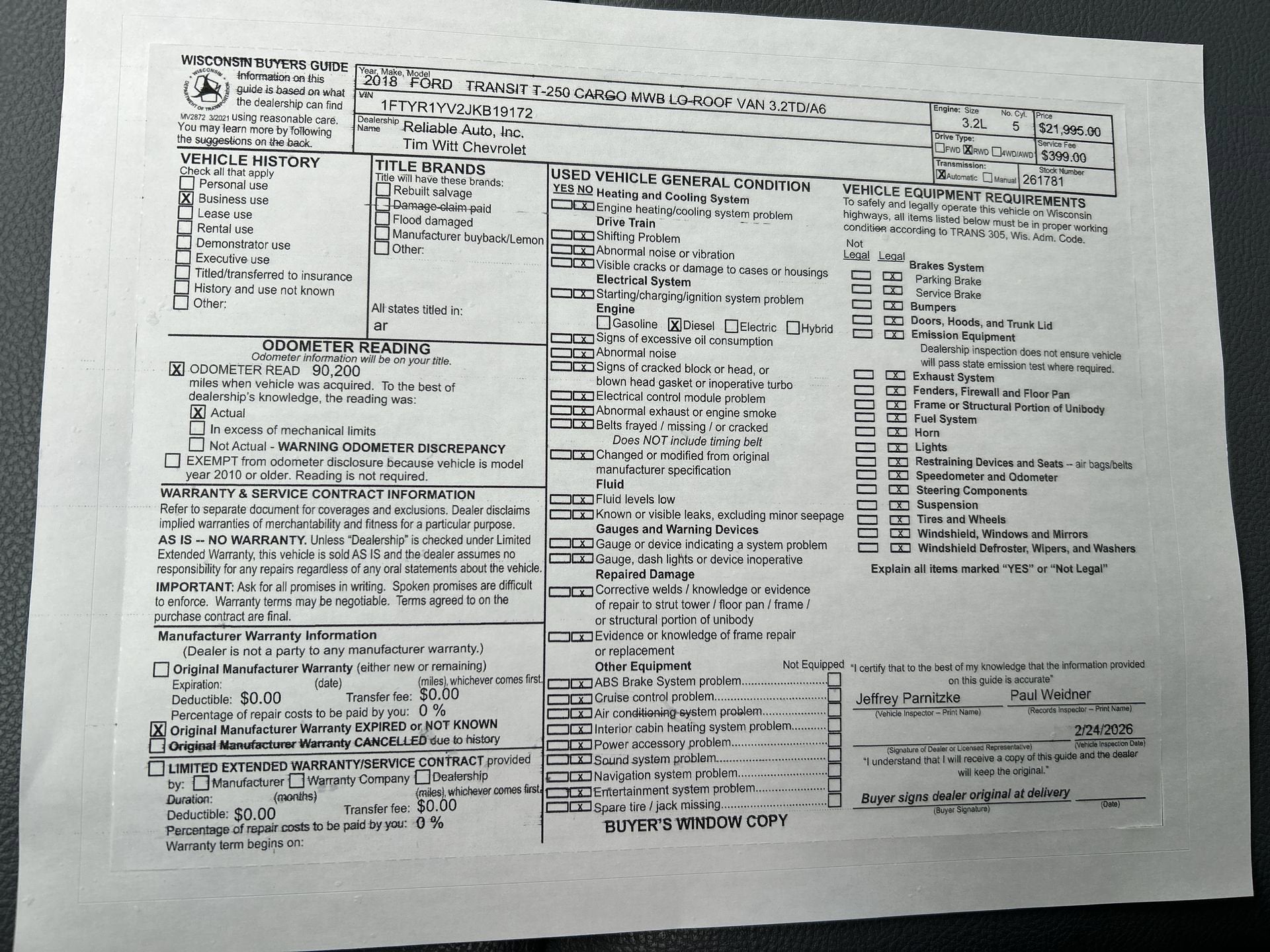 2018 Ford Transit-250 T-250 130 LW RF S